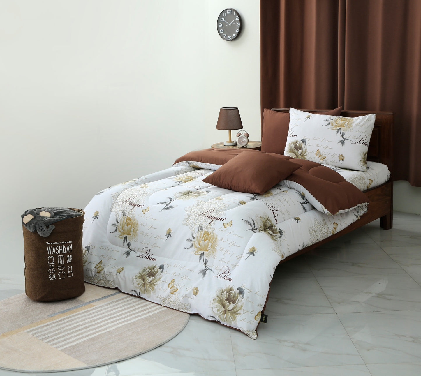 5 PCs Single Comforter Set-Brown Flowers Comforters Apricot