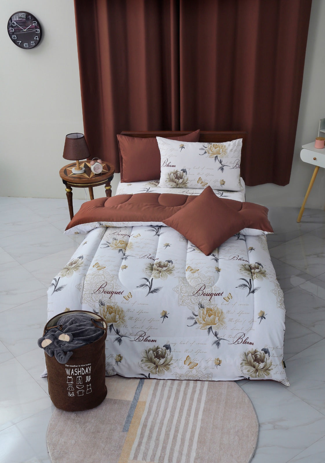 5 PCs Single Comforter Set-Brown Flowers Comforters Apricot