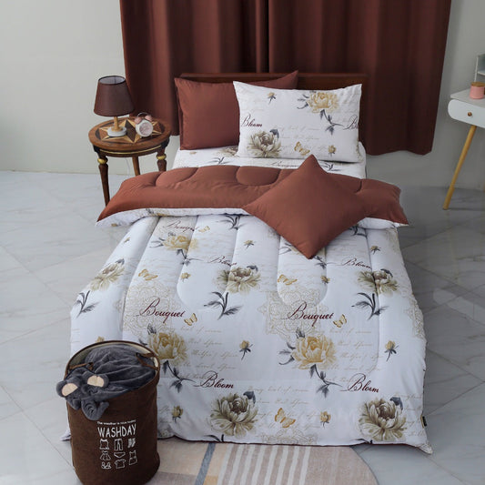 5 PCs Single Comforter Set-Brown Flowers Comforters Apricot