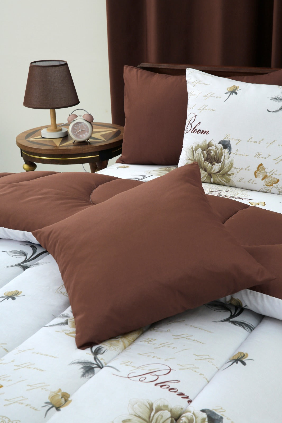 5 PCs Single Comforter Set-Brown Flowers Comforters Apricot