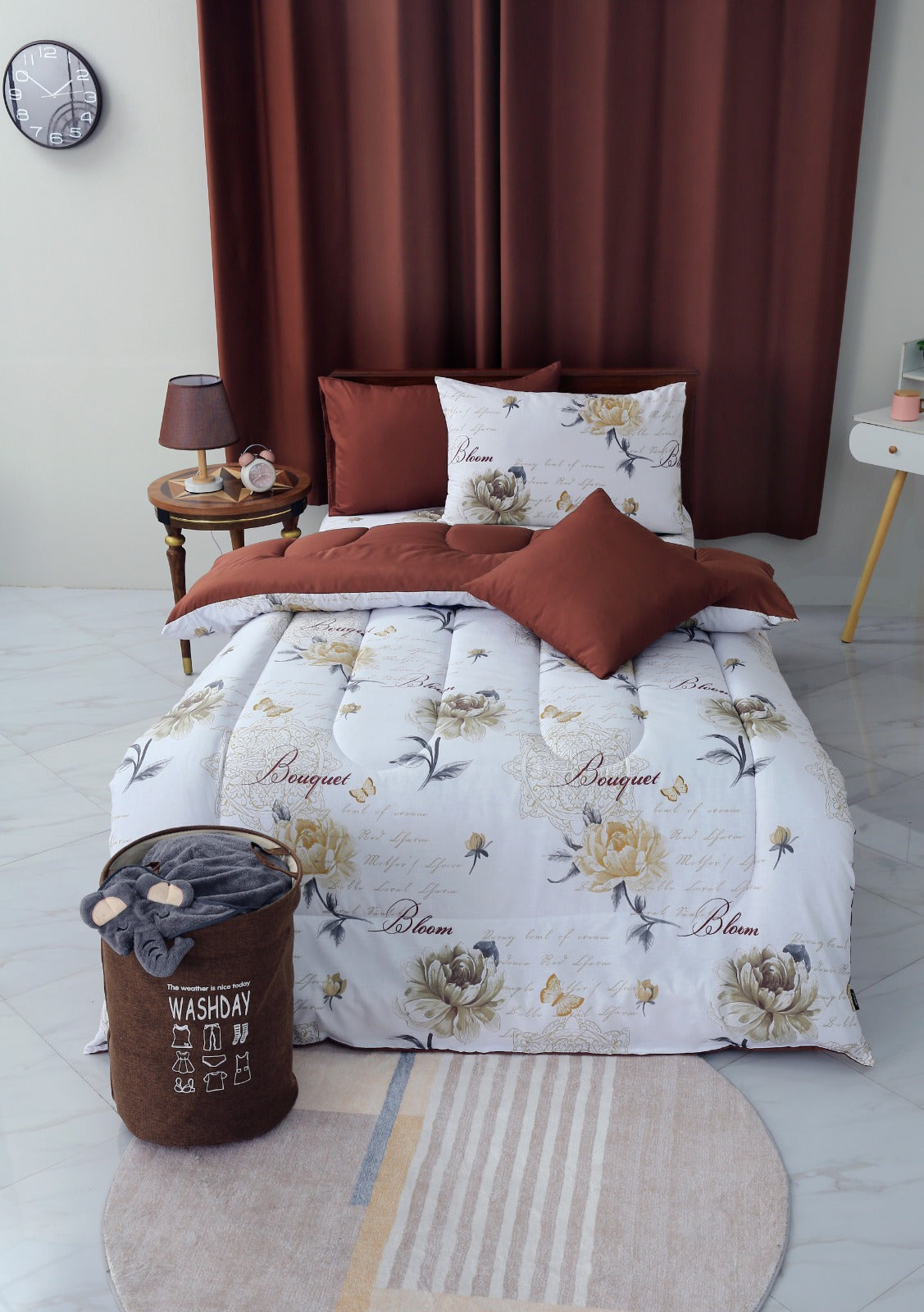 5 PCs Single Comforter Set-Brown Flowers Comforters Apricot