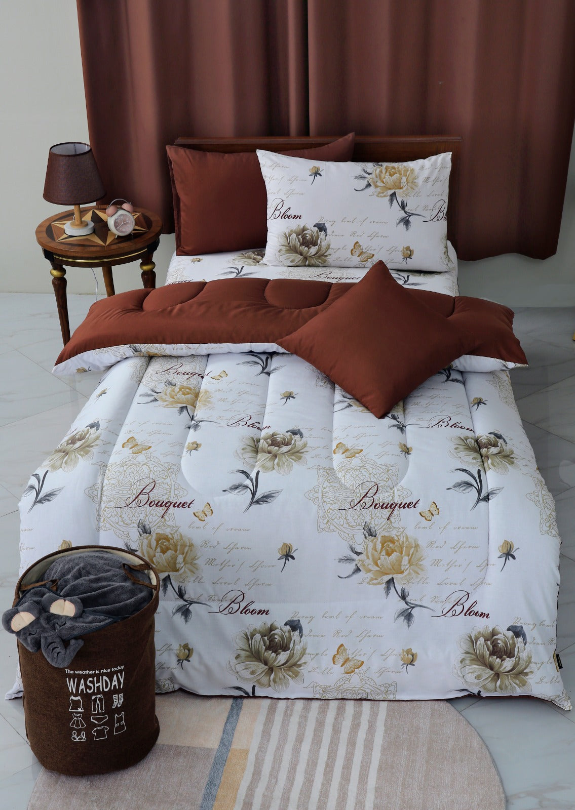 5 PCs Single Comforter Set-Brown Flowers Comforters Apricot