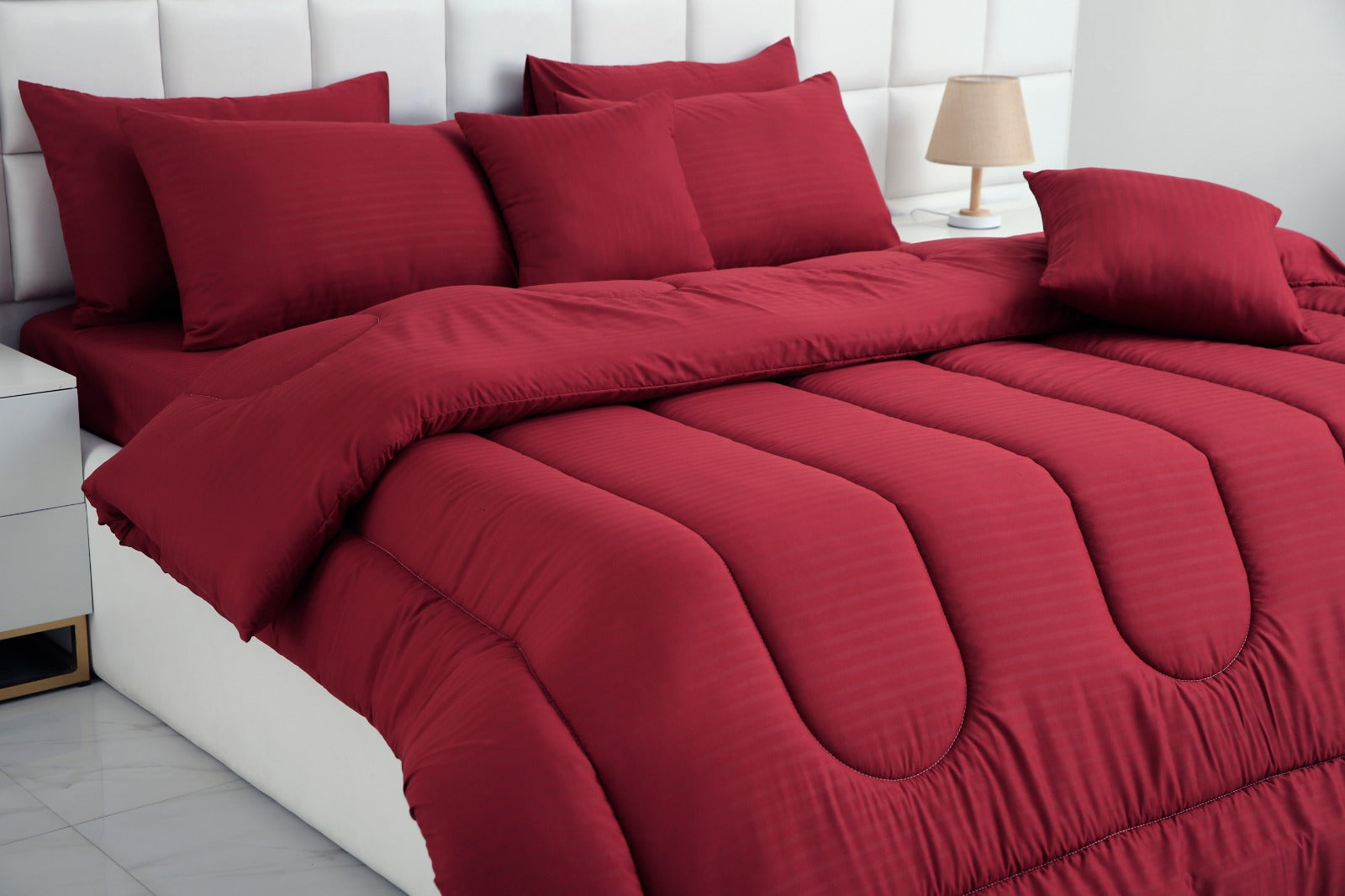 8 PCs Winter Comforter Set-Satin Stripes Maroon Comforters Apricot