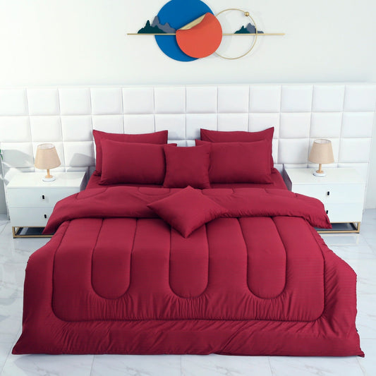 8 PCs Winter Comforter Set- Maroon Comforters Apricot