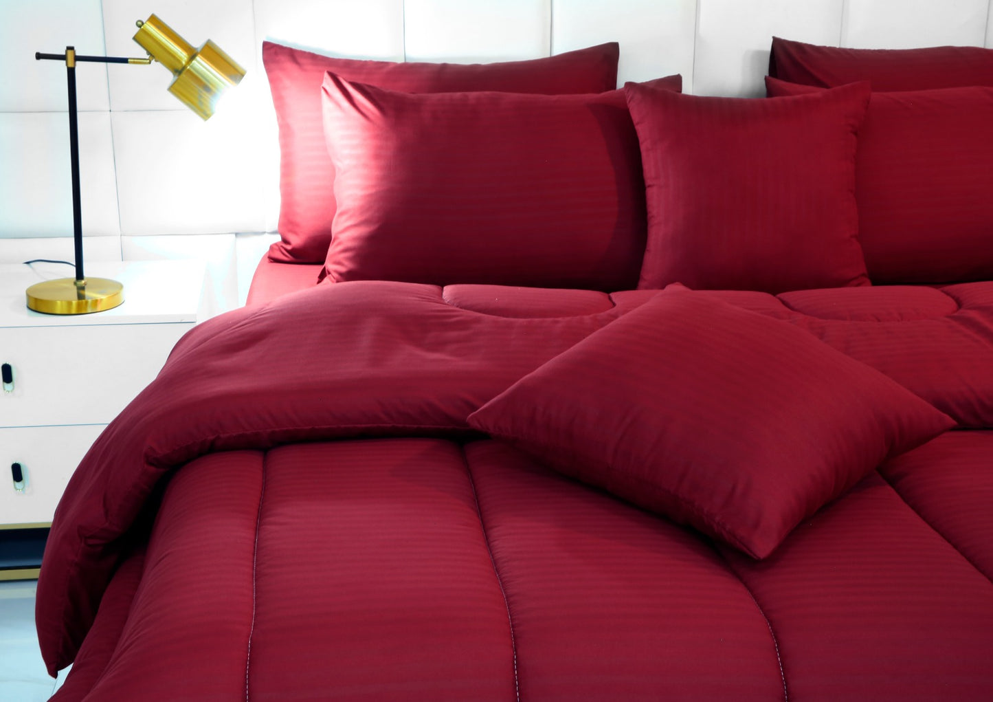 8 PCs Winter Comforter Set-Satin Stripes Maroon Comforters Apricot