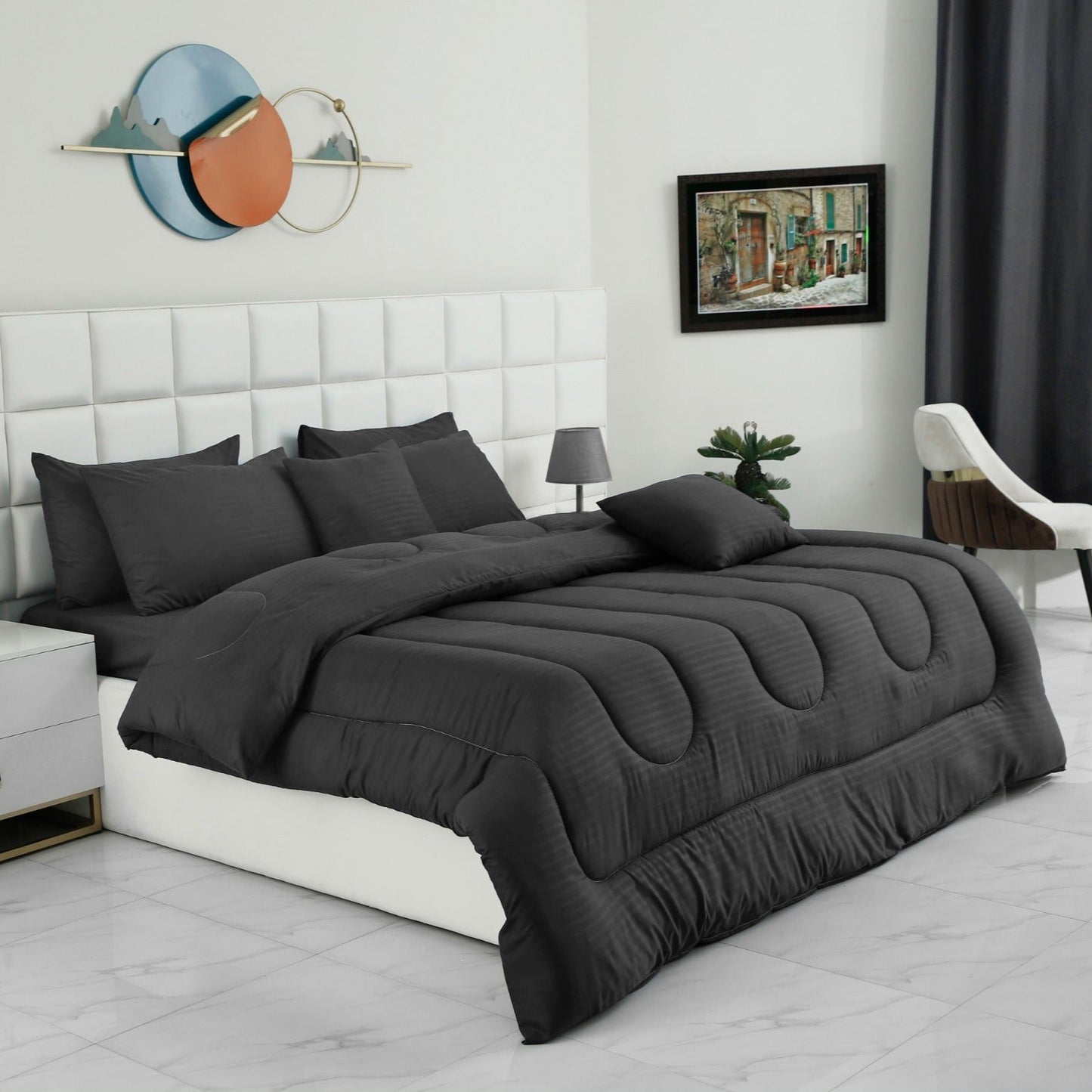 8 PCs Winter Comforter Set-Satin Stripes Grey Comforters Apricot