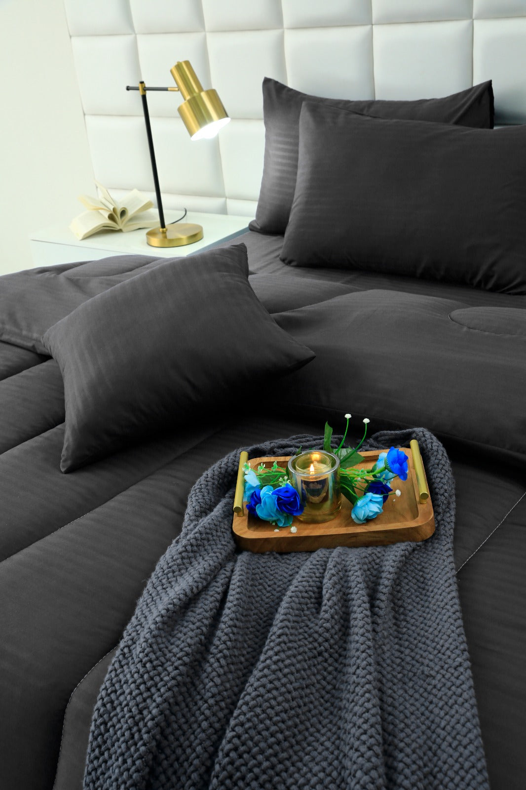 8 PCs Winter Comforter Set-Dyed Grey Comforters Apricot