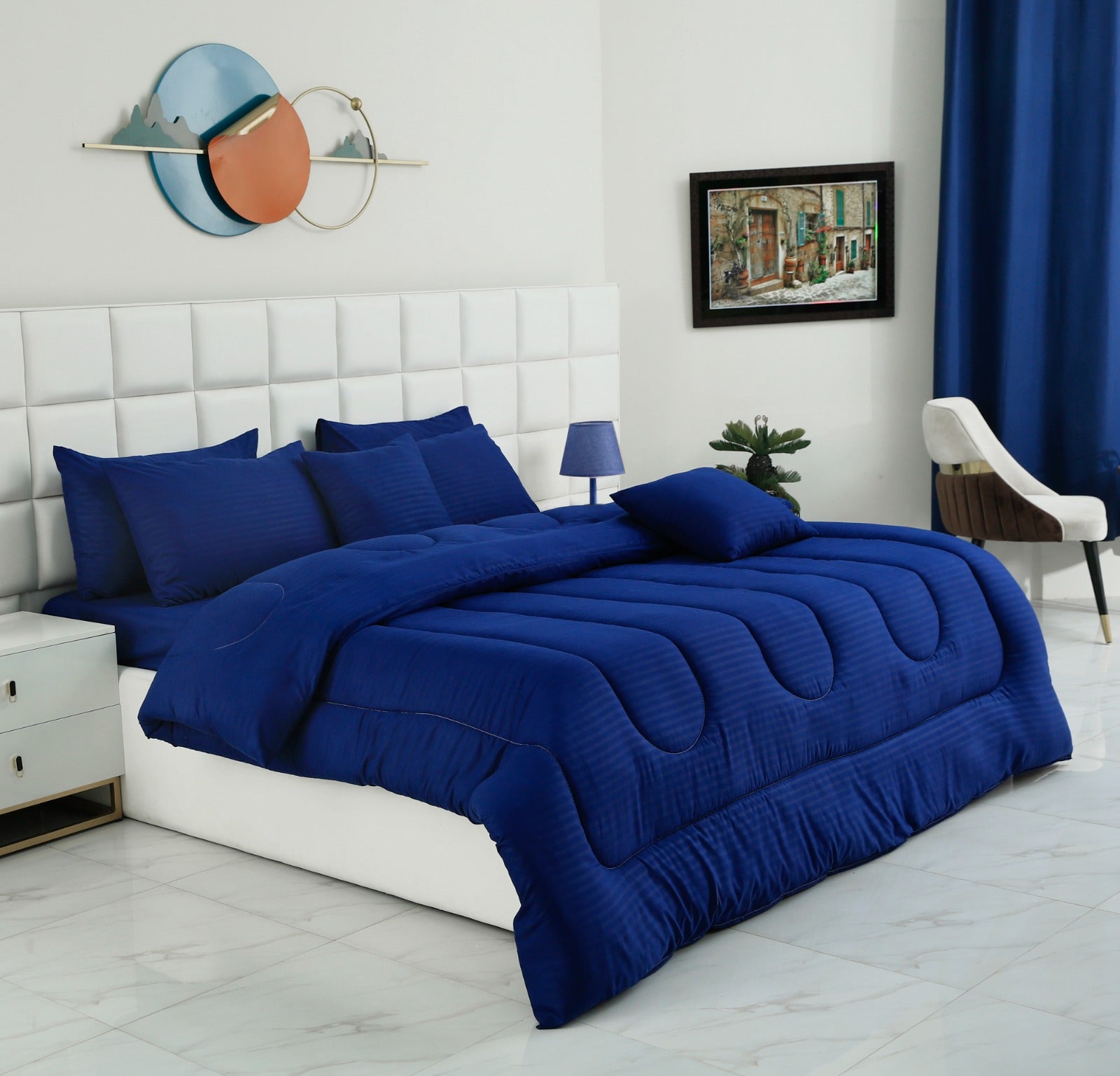 8 PCs Winter Comforter Set-Dyed Navy Blue Comforters Apricot