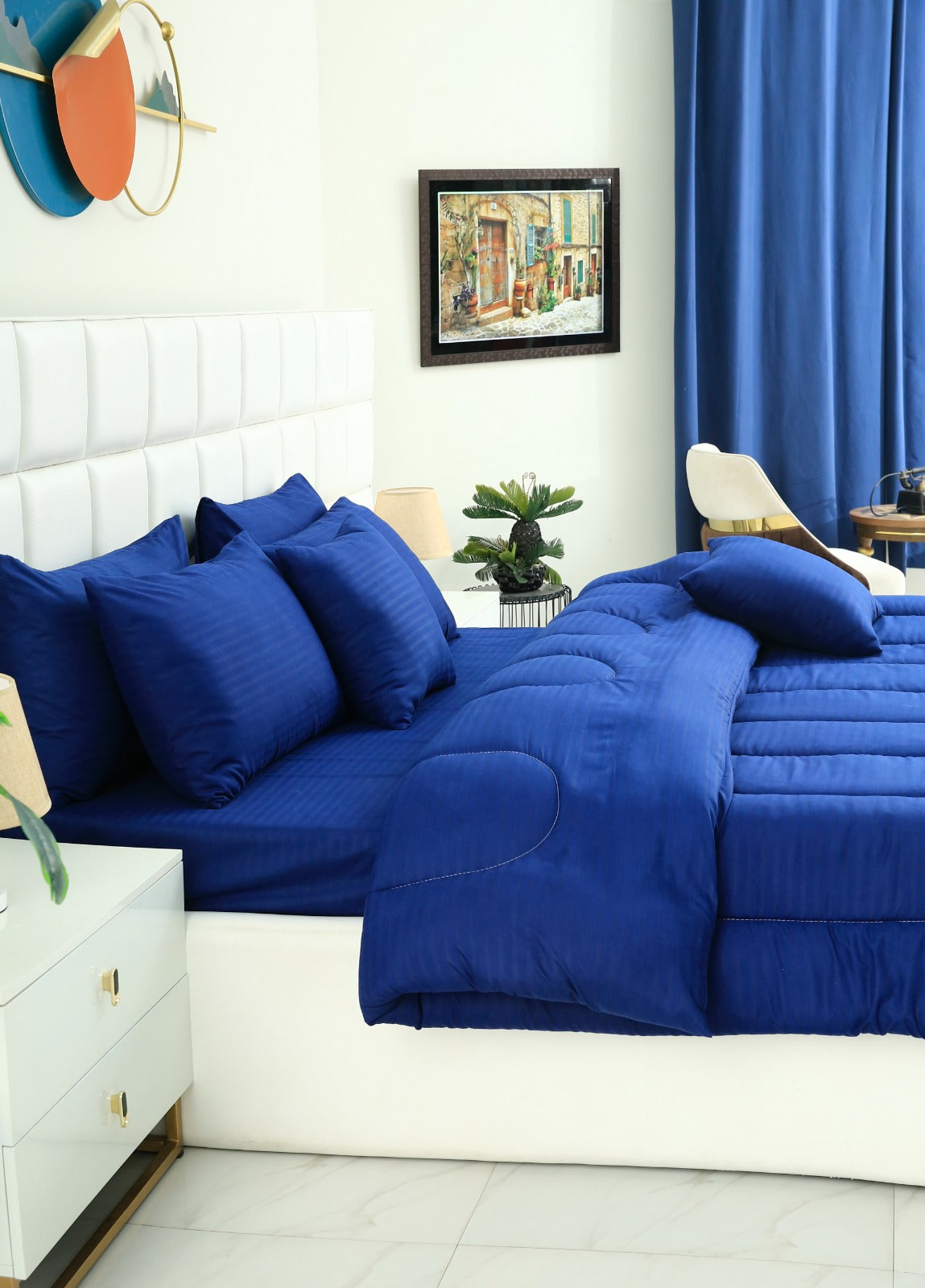 8 PCs Winter Comforter Set-Satin Stripes Blue Comforters Apricot