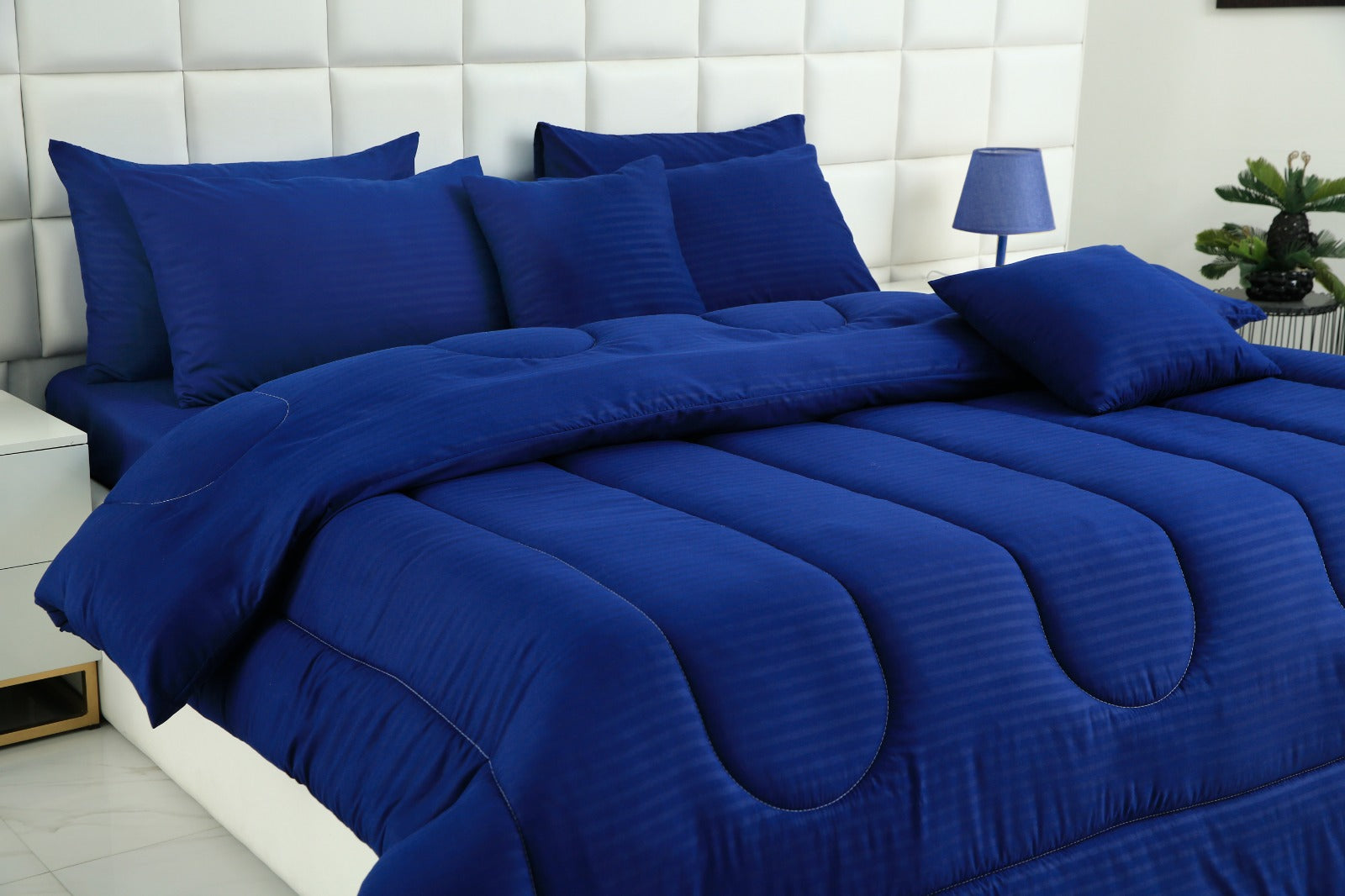 8 PCs Winter Comforter Set-Satin Stripes Blue Comforters Apricot