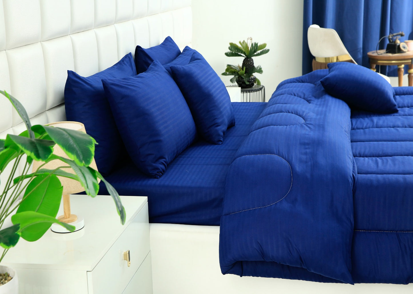 8 PCs Winter Comforter Set-Dyed Navy Blue Comforters Apricot