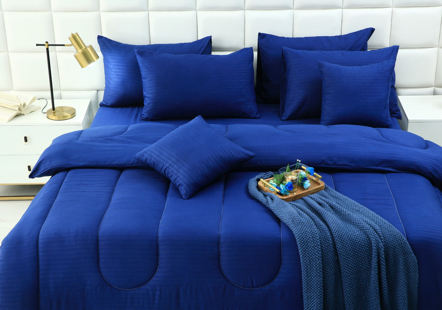 8 PCs Winter Comforter Set-Satin Stripes Blue Comforters Apricot