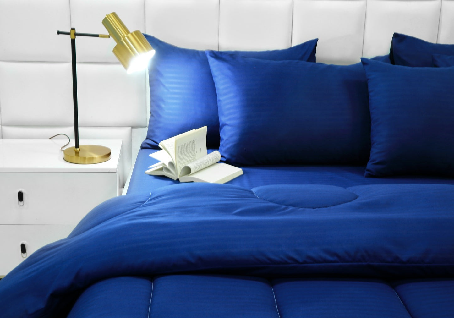 8 PCs Winter Comforter Set-Blue Satin Stripe