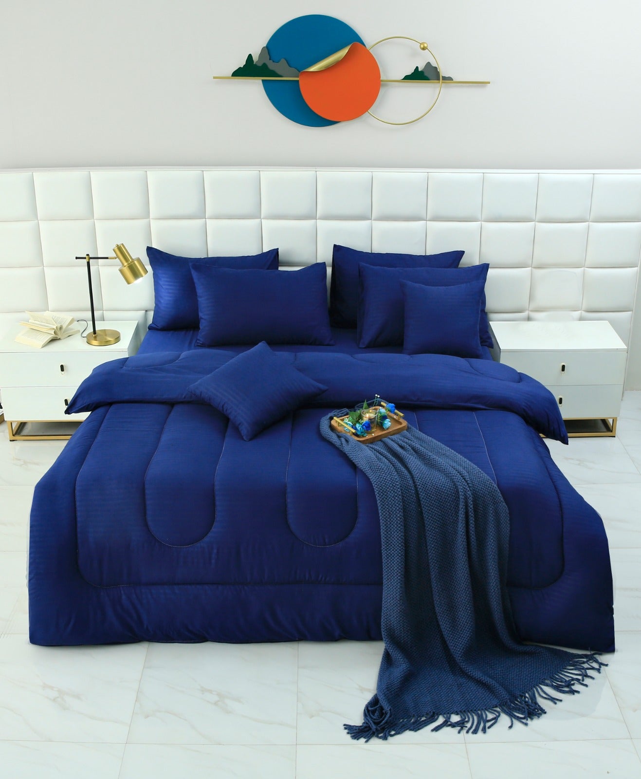 8 PCs Winter Comforter Set-Satin Stripes Blue Comforters Apricot