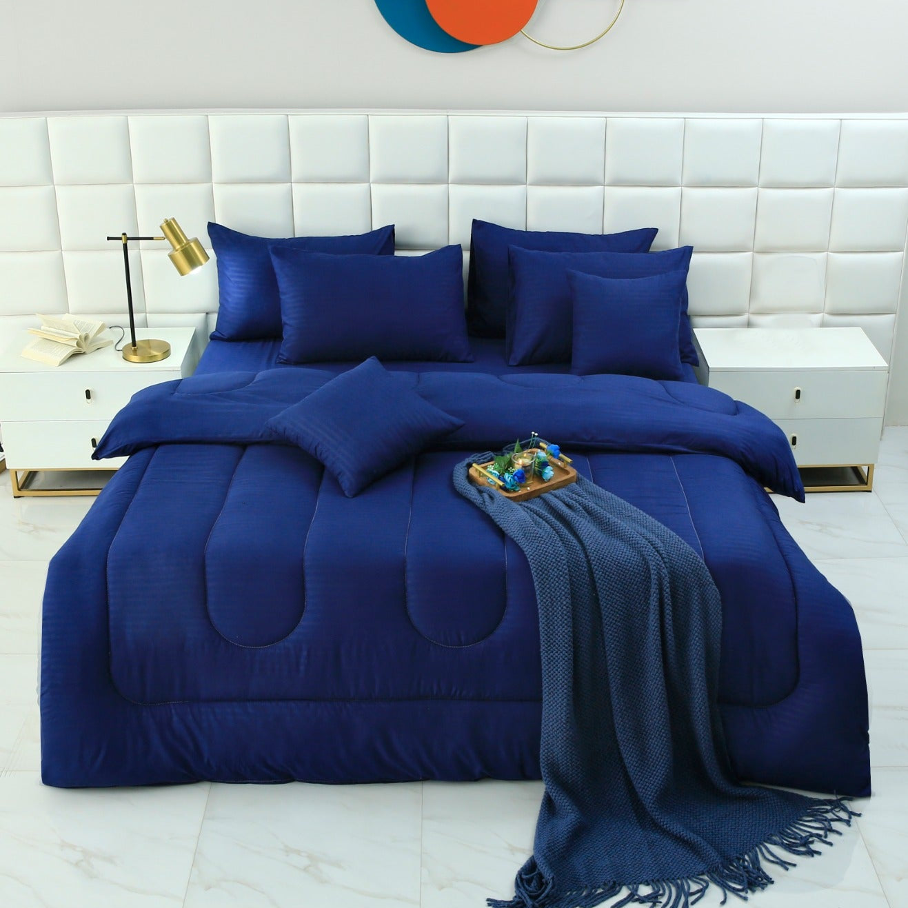 8 PCs Winter Comforter Set-Dyed Navy Blue Comforters Apricot