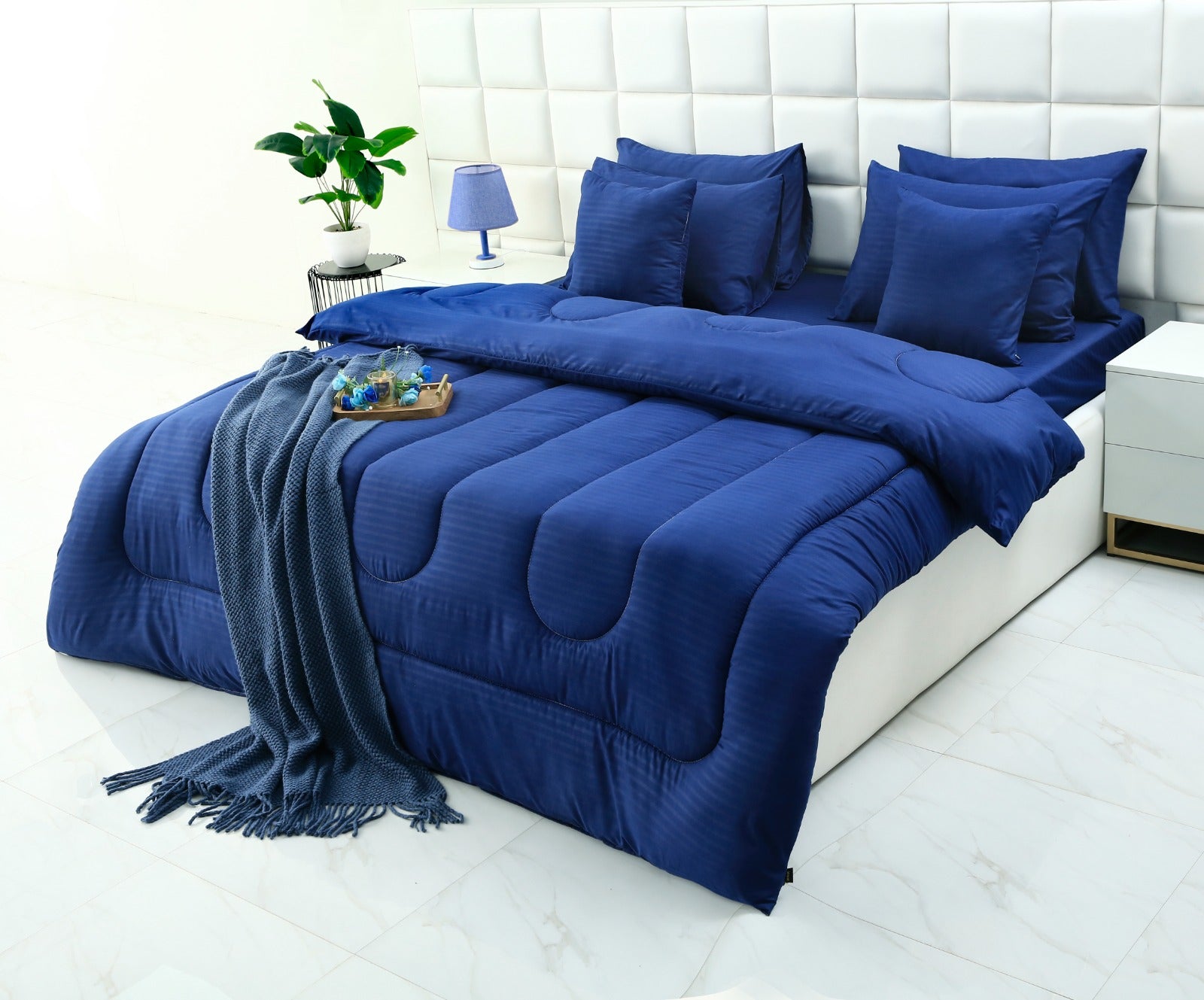 8 PCs Winter Comforter Set-Satin Stripes Blue Comforters Apricot