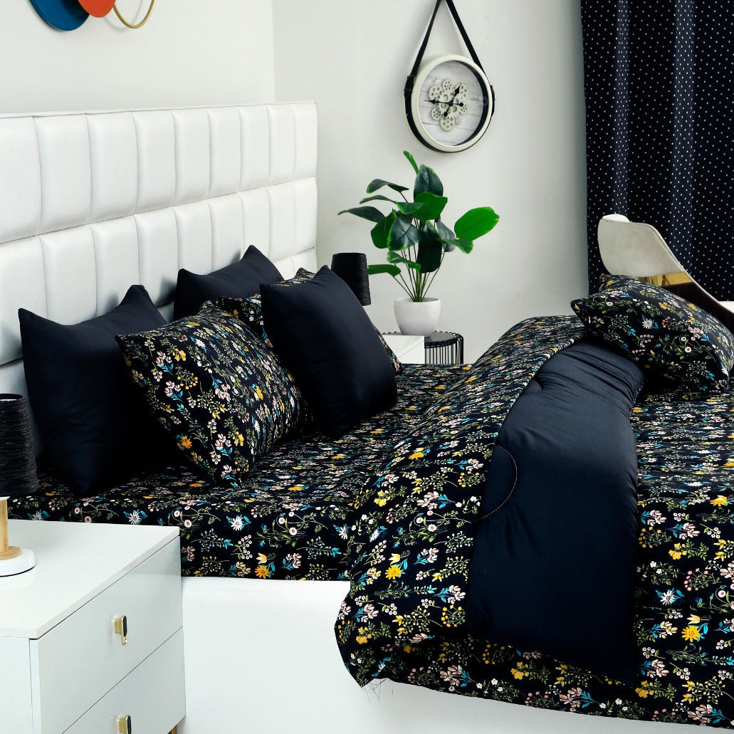 5 PCs Single Razai Set-Black Meadows Comforters Apricot