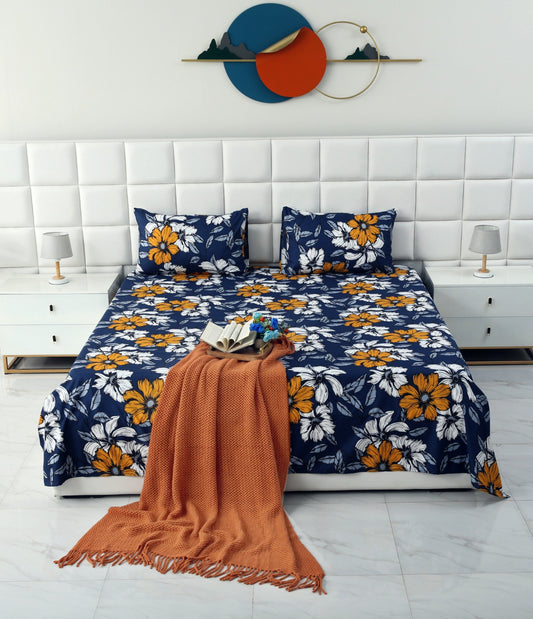 3 PCs Double Bed Sheet -White Flowers Bed Sheets Apricot