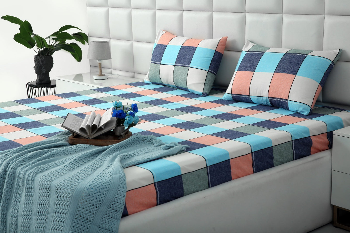 2Pcs Single Bed Sheet-Pastel Check single bed sheet Apricot