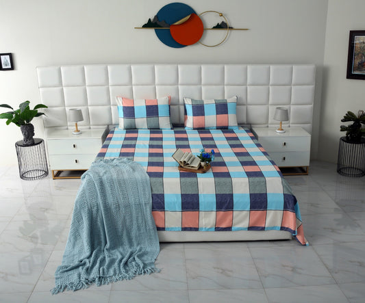 3 PCs Double Bed Sheet -Pastel Check Bed Sheets Apricot