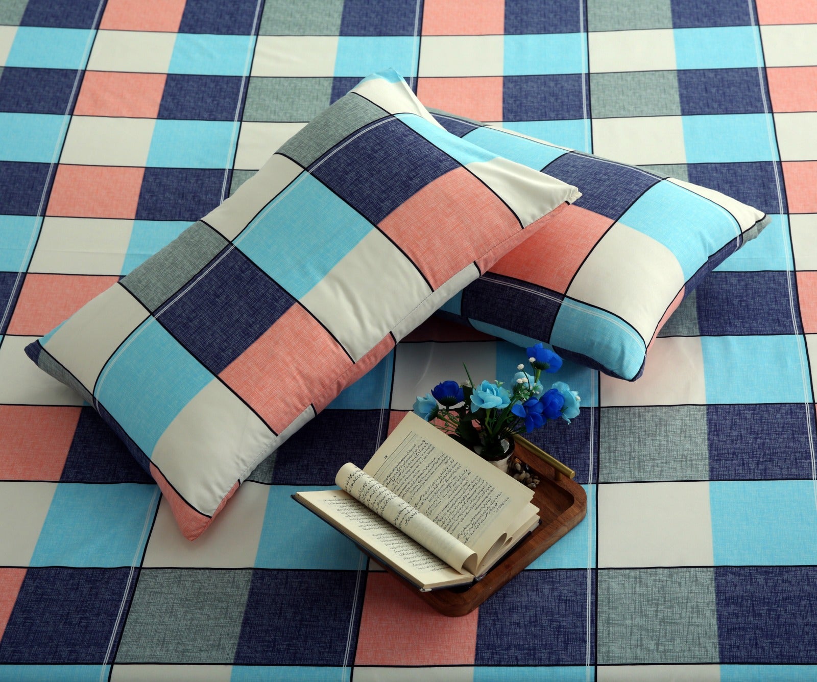 2Pcs Single Bed Sheet-Pastel Check single bed sheet Apricot