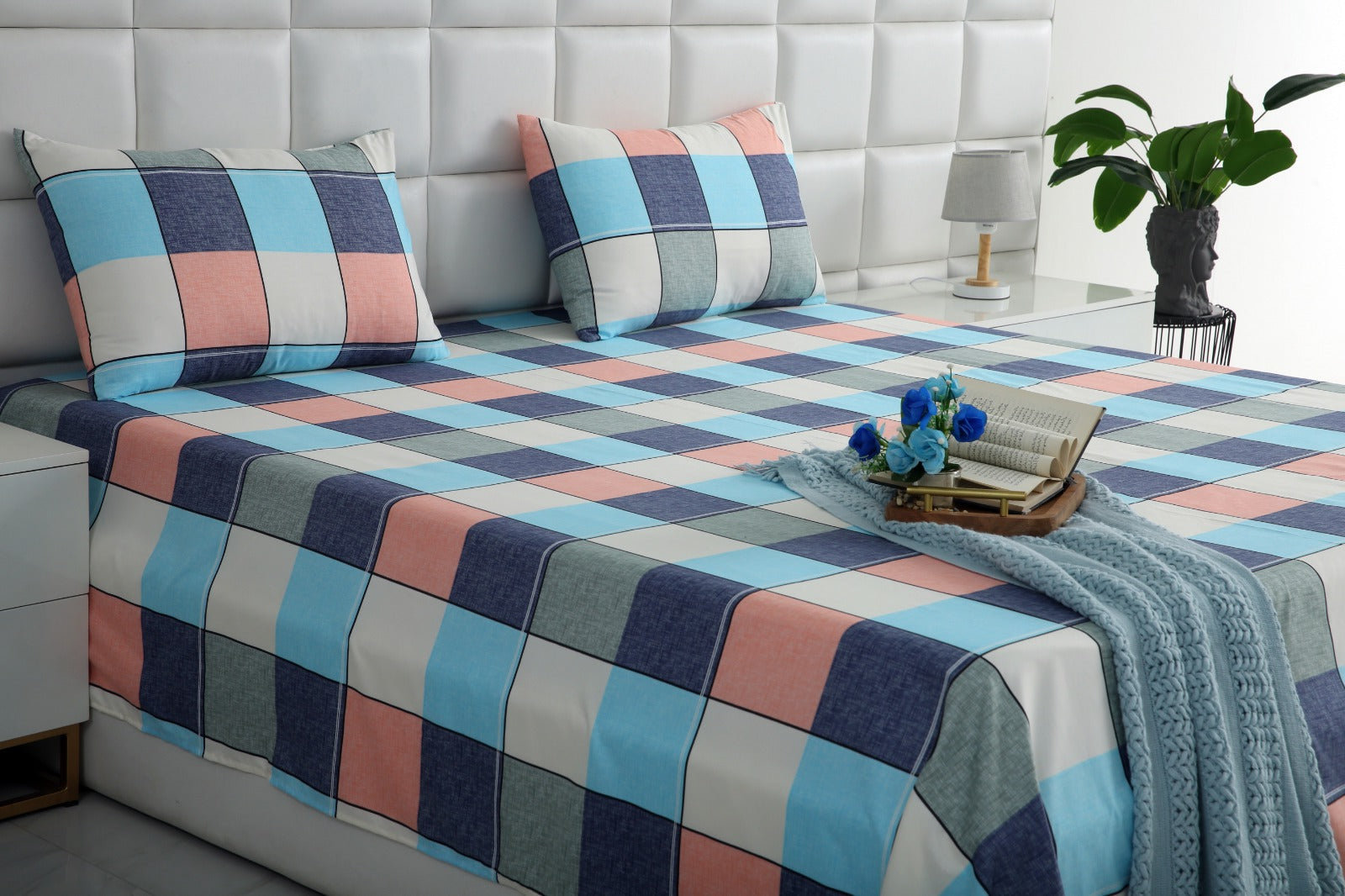 2Pcs Single Bed Sheet-Pastel Check single bed sheet Apricot