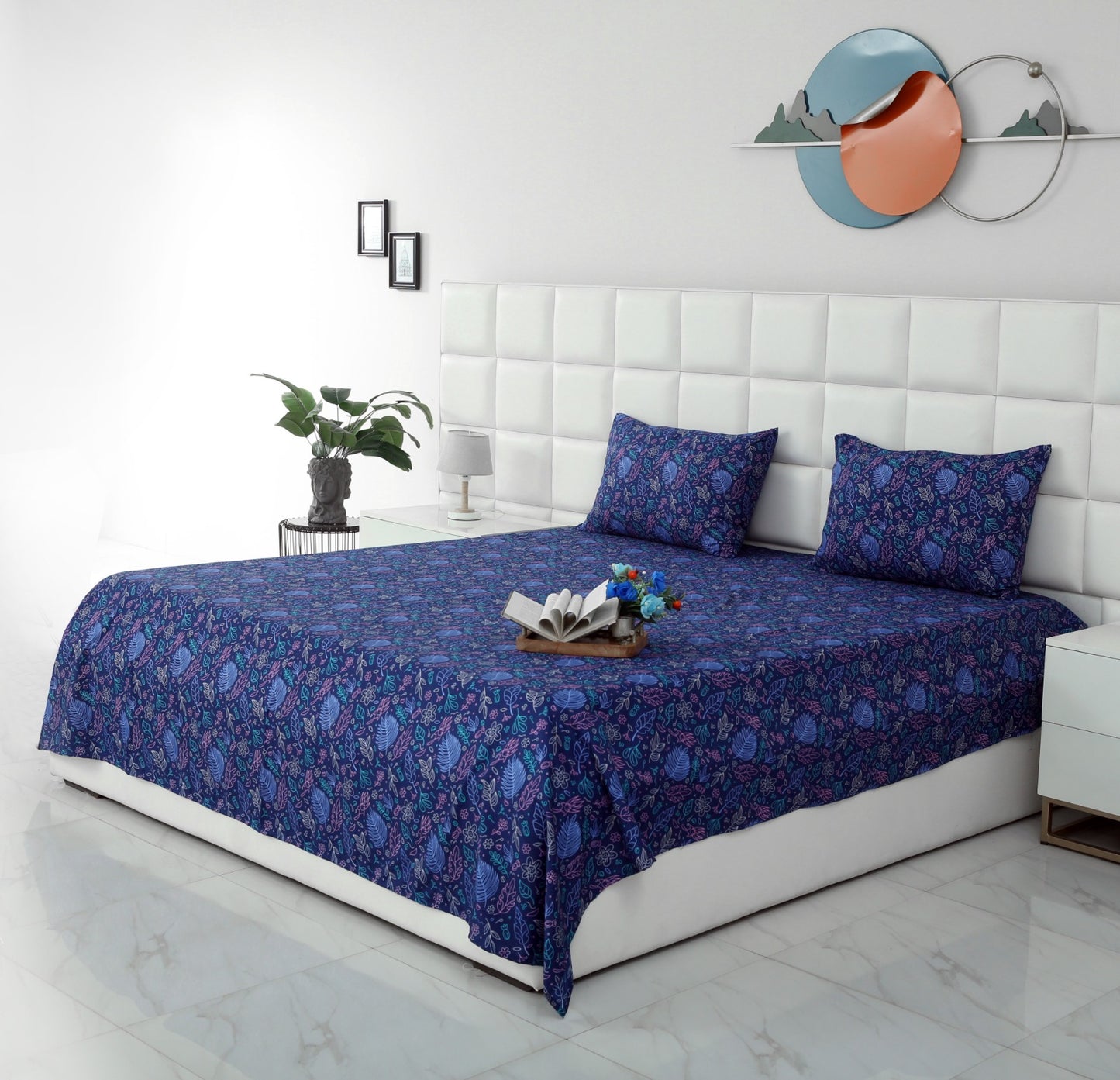 3 PCs Double Bed Sheet -Blue Lilly Bed Sheets Apricot