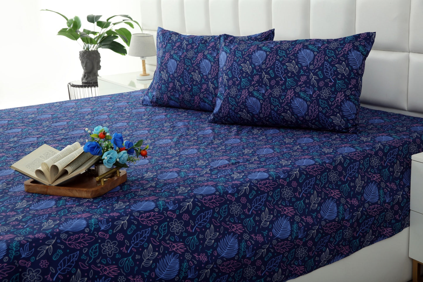 3 PCs Double Bed Sheet -Blue Lilly Bed Sheets Apricot