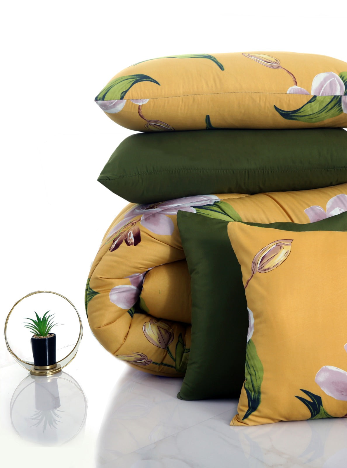 8 PCs Winter Comforter Set-Hibiscus(With Olive Reverse) Comforters Apricot