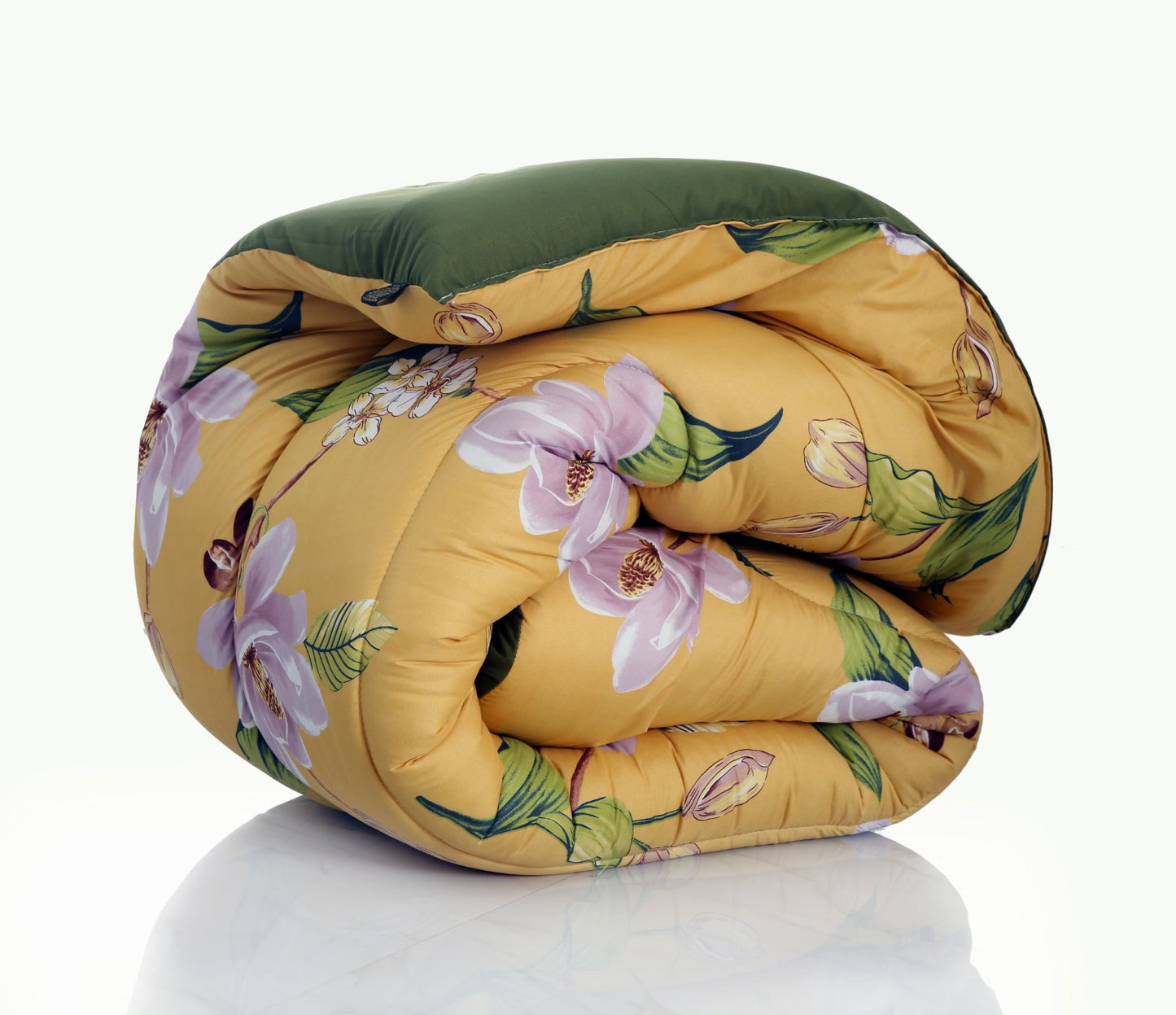 8 PCs Winter Comforter Set-Hibiscus(With Olive Reverse) Comforters Apricot