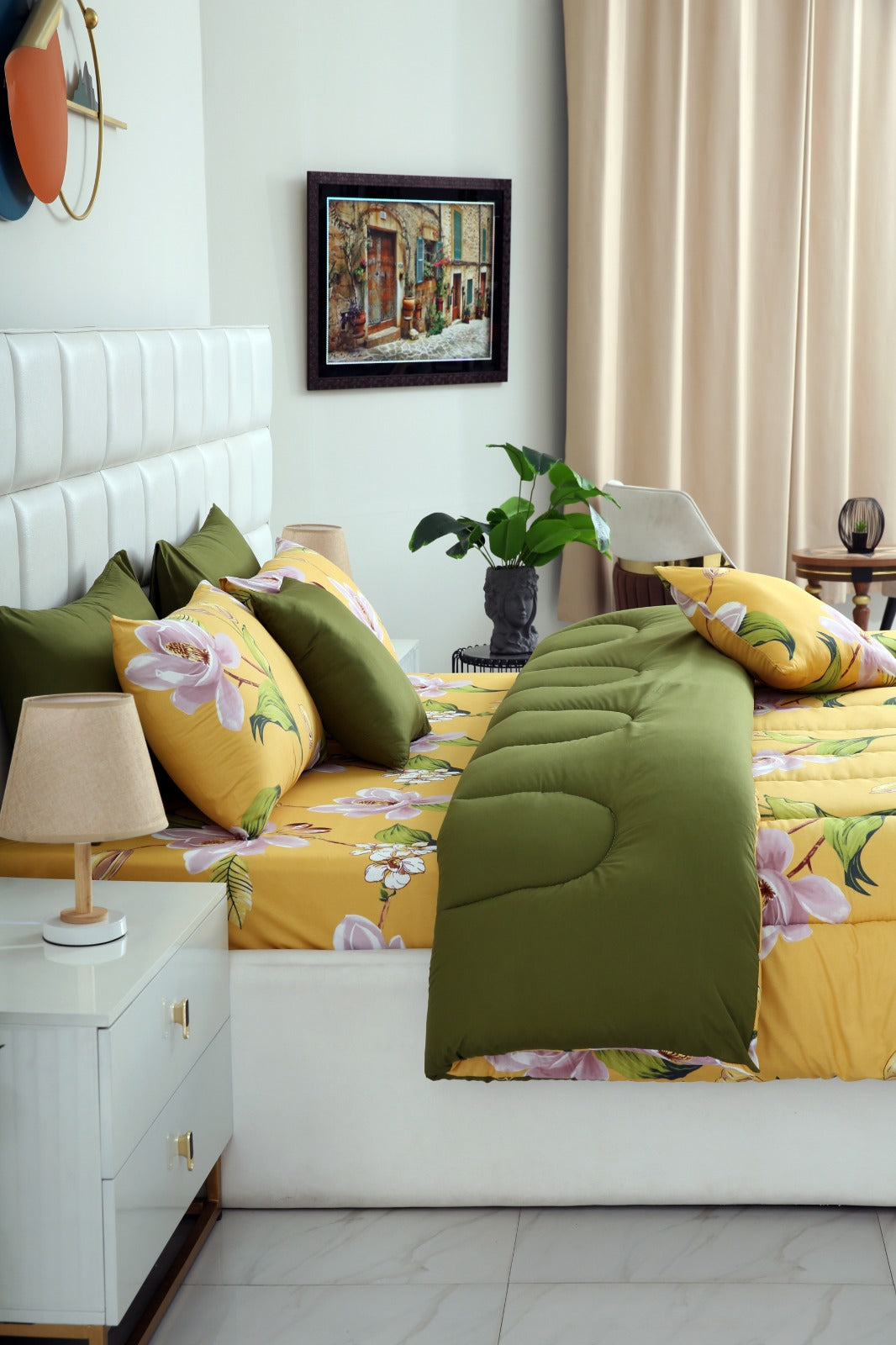 8 PCs Winter Comforter Set-Hibiscus(With Olive Reverse) Comforters Apricot