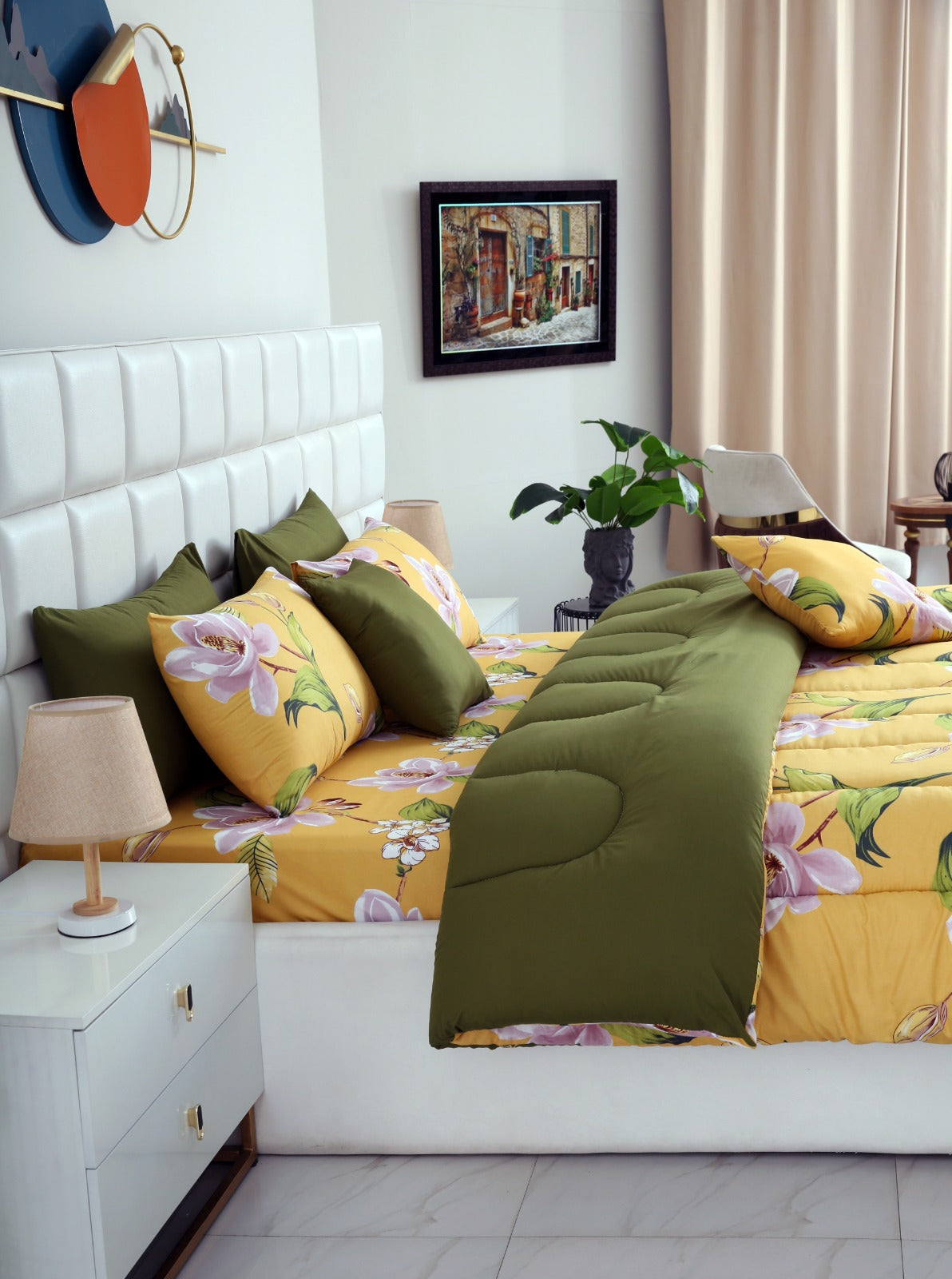 5 PCs Single Comforter Set-Hibiscus(With Olive Reverse) Comforters Apricot