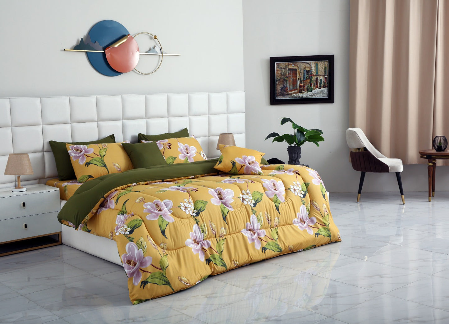 8 PCs Winter Comforter Set-Hibiscus(With Olive Reverse) Comforters Apricot