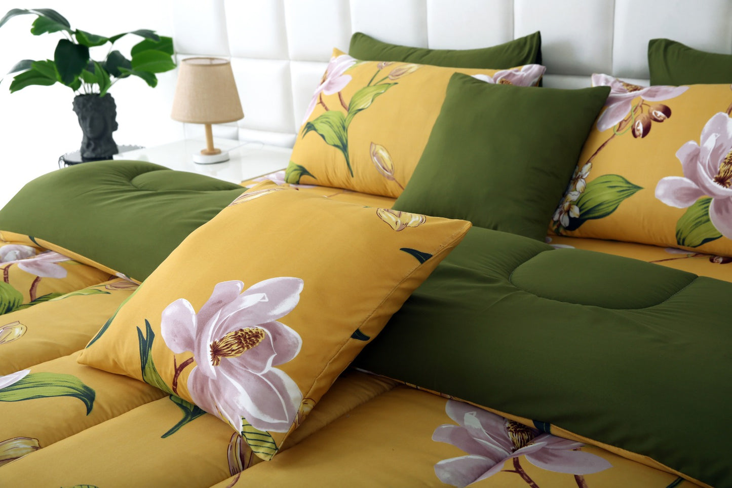 8 PCs Winter Comforter Set-Hibiscus(With Olive Reverse) Comforters Apricot