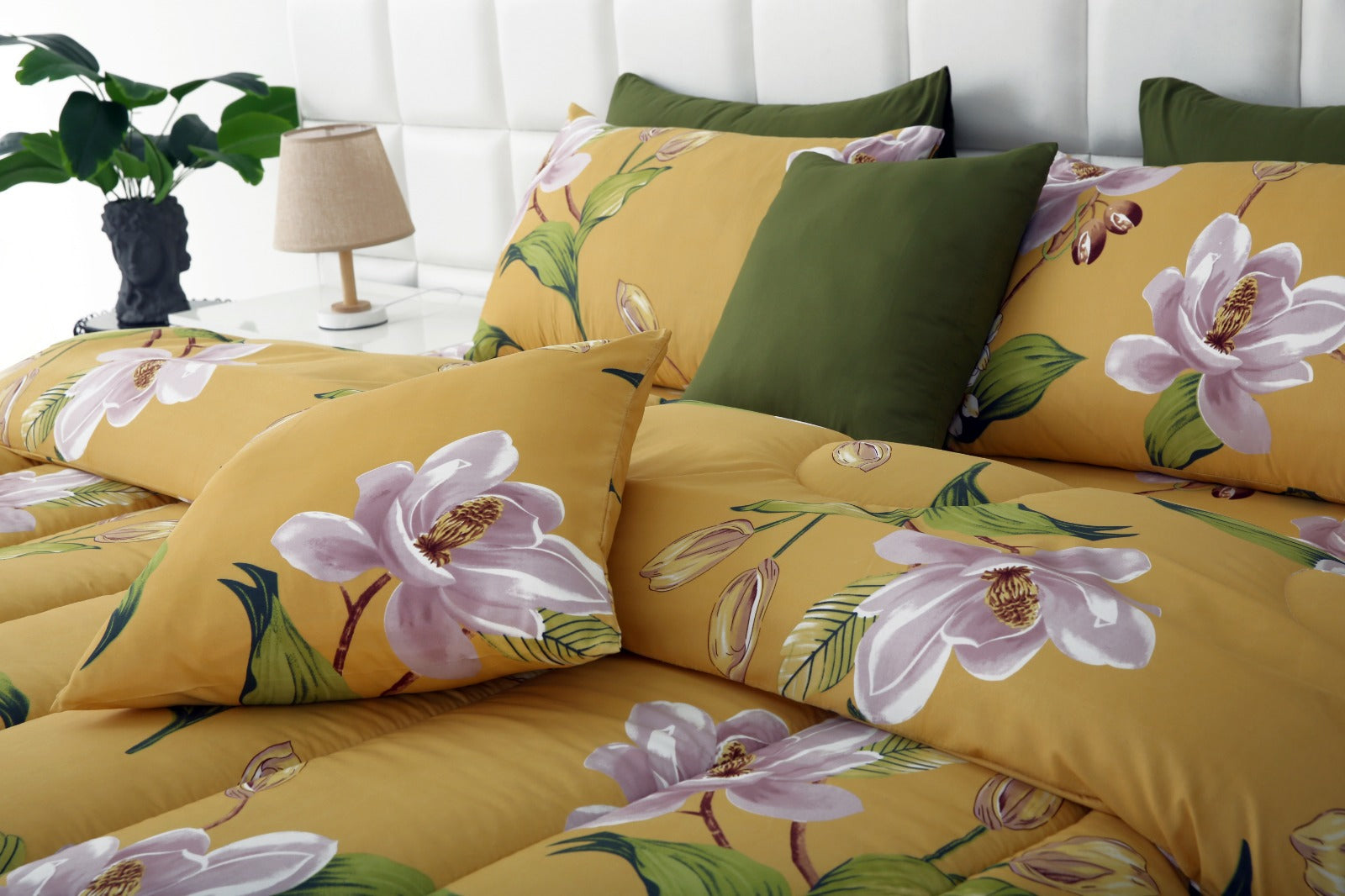 5 PCs Single Comforter Set-Hibiscus(With Olive Reverse) Comforters Apricot