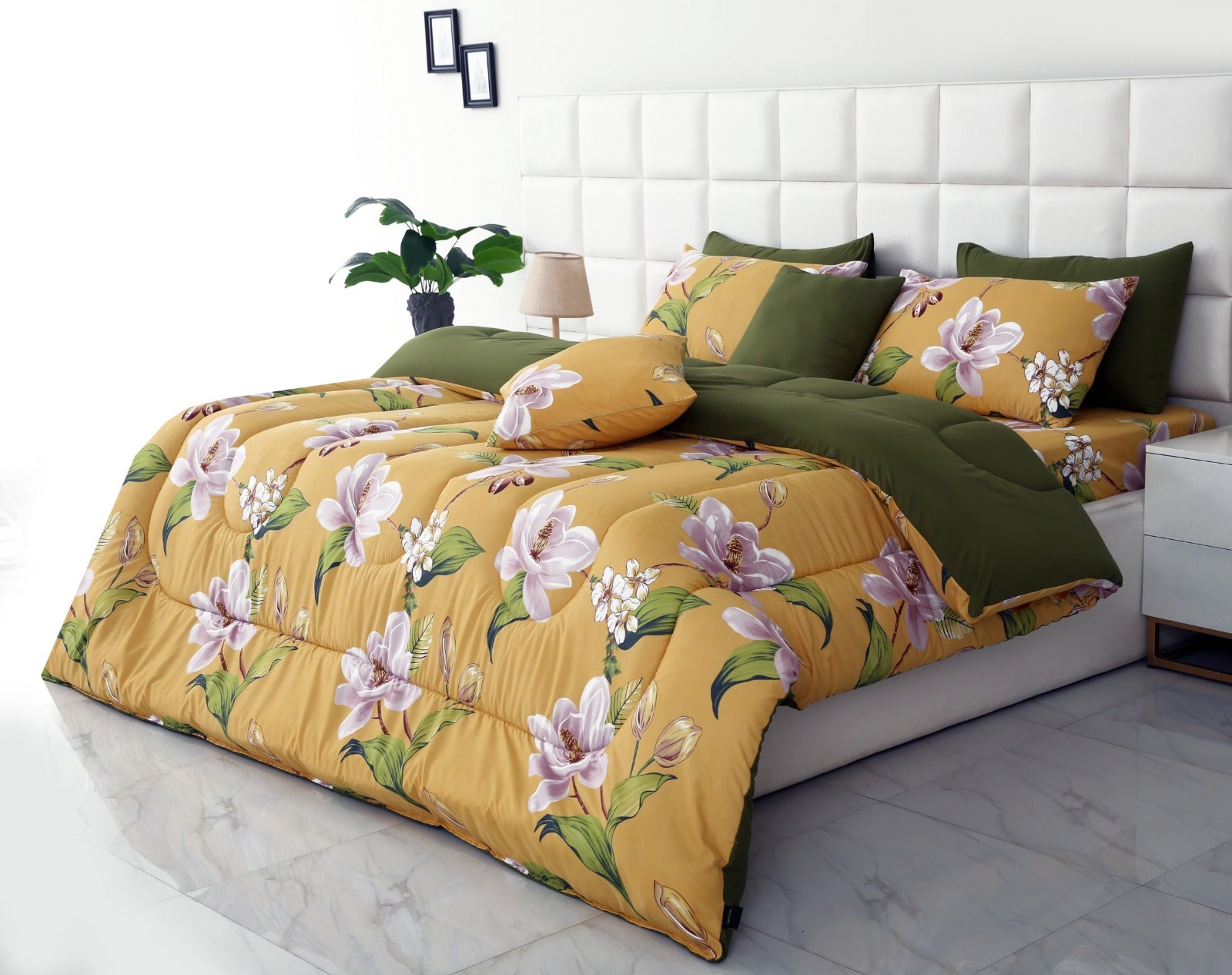 8 PCs Winter Comforter Set-Hibiscus(With Olive Reverse) Comforters Apricot