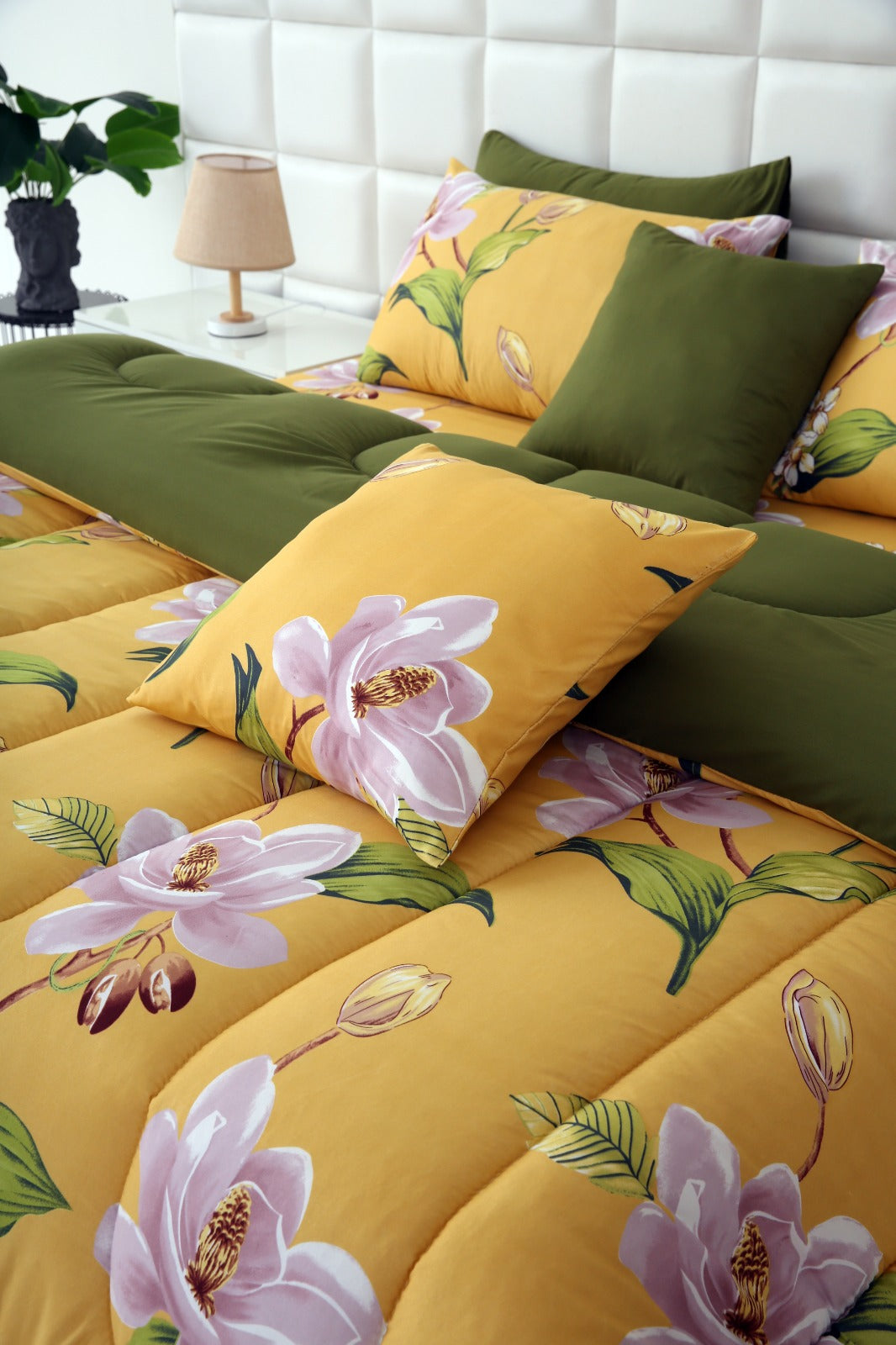 5 PCs Single Comforter Set-Hibiscus(With Olive Reverse) Comforters Apricot