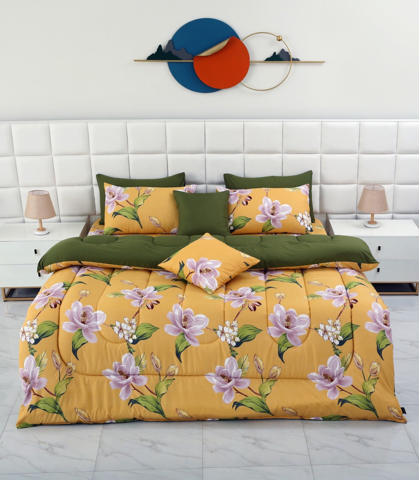 8 PCs Winter Comforter Set-Hibiscus(With Olive Reverse) Comforters Apricot