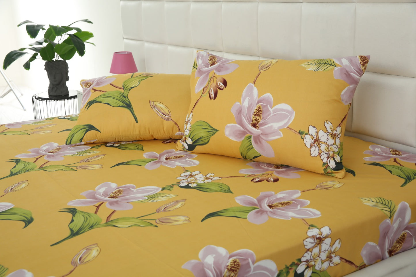 2Pcs Single Bed Sheet-Hibiscus single bed sheet Apricot