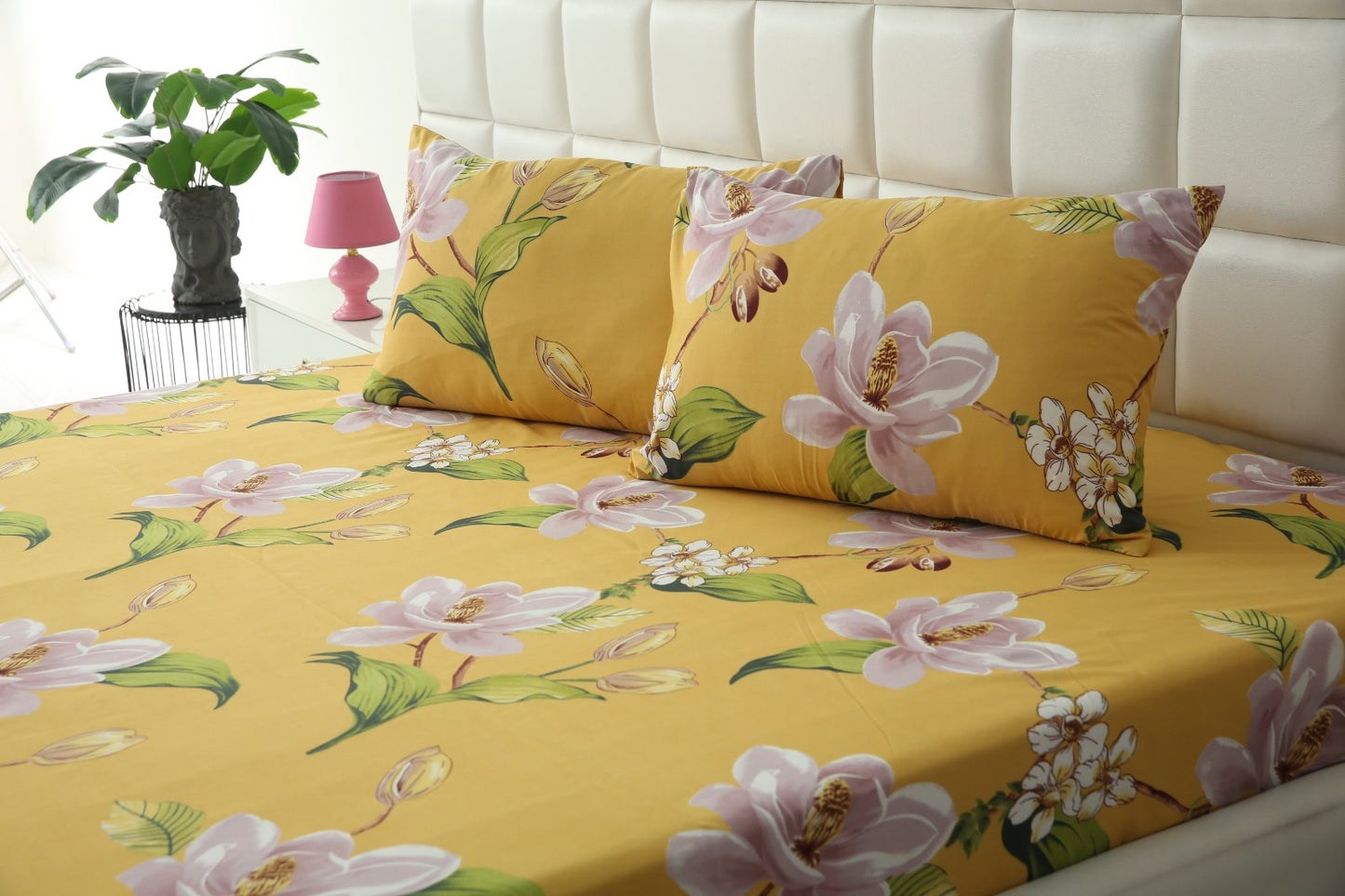 3 PCs Double Bed Sheet -15322Hibiscus Bed Sheets Apricot