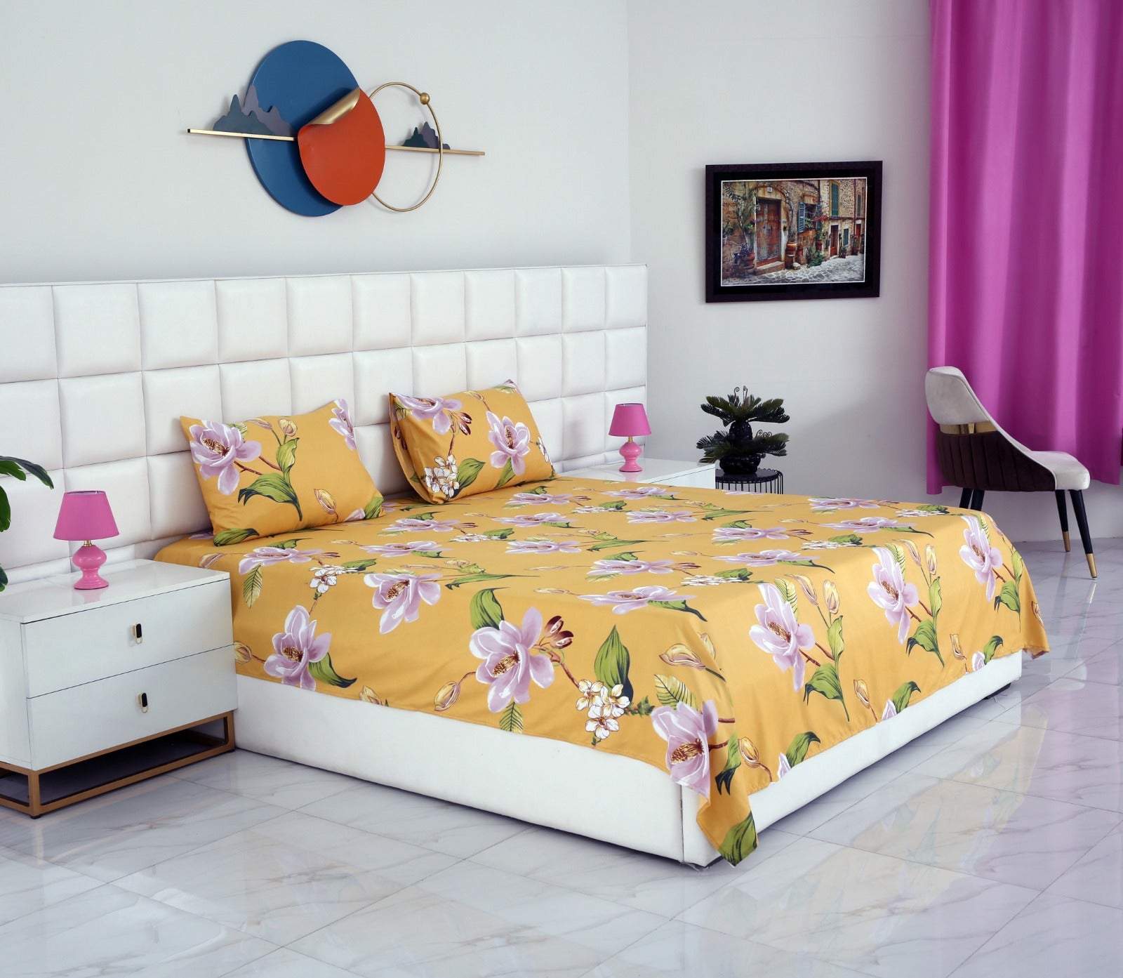 3 PCs Double Bed Sheet -15322Hibiscus Bed Sheets Apricot