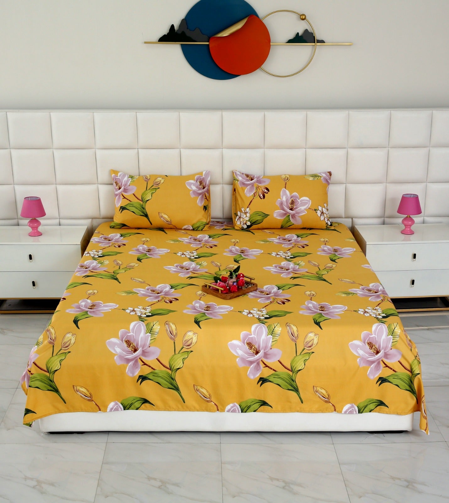 3 PCs Double Bed Sheet -15322Hibiscus Bed Sheets Apricot