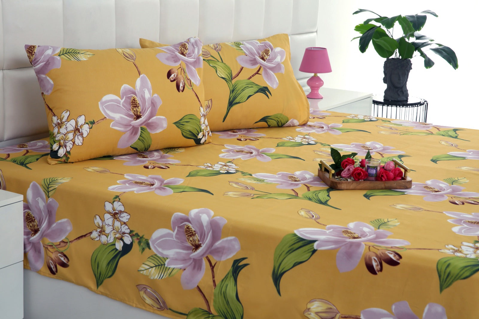 2Pcs Single Bed Sheet-15321Hibiscus single bed sheet Apricot