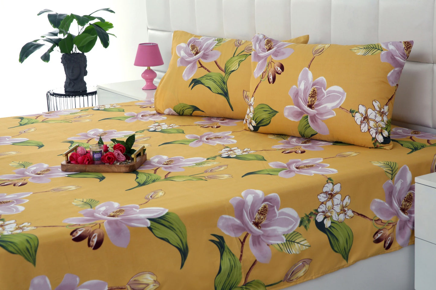 3 PCs Double Bed Sheet -15322Hibiscus Bed Sheets Apricot