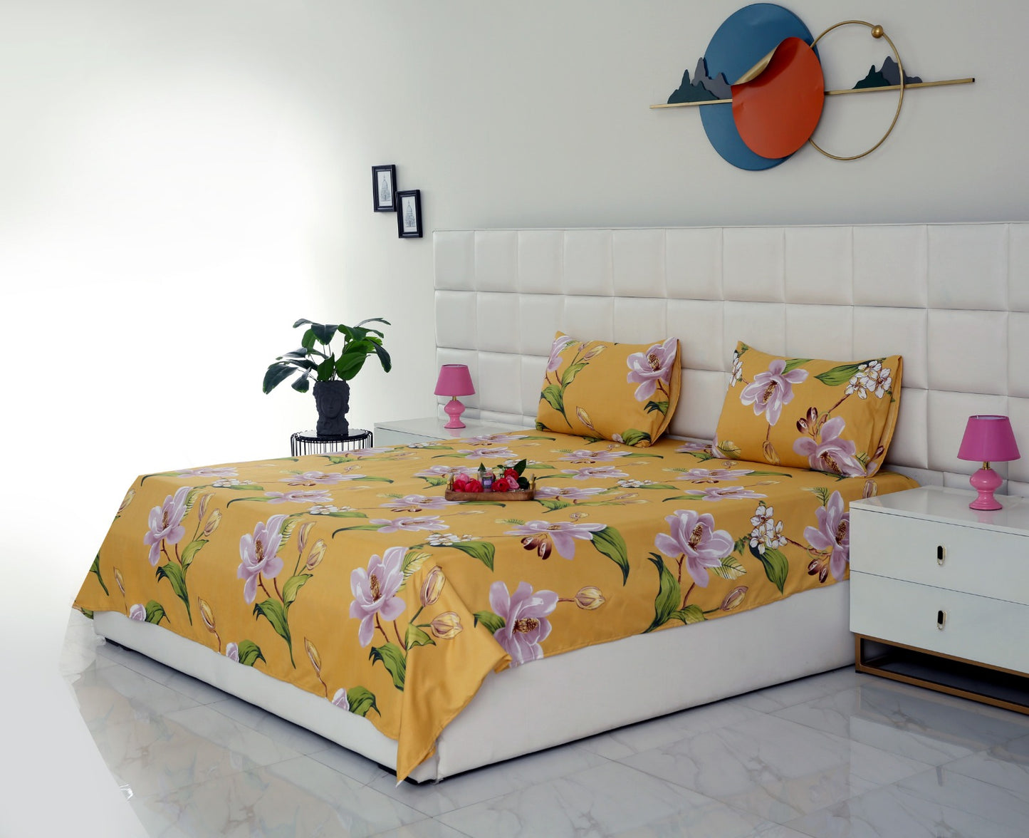 3 PCs Double Bed Sheet -15322Hibiscus Bed Sheets Apricot