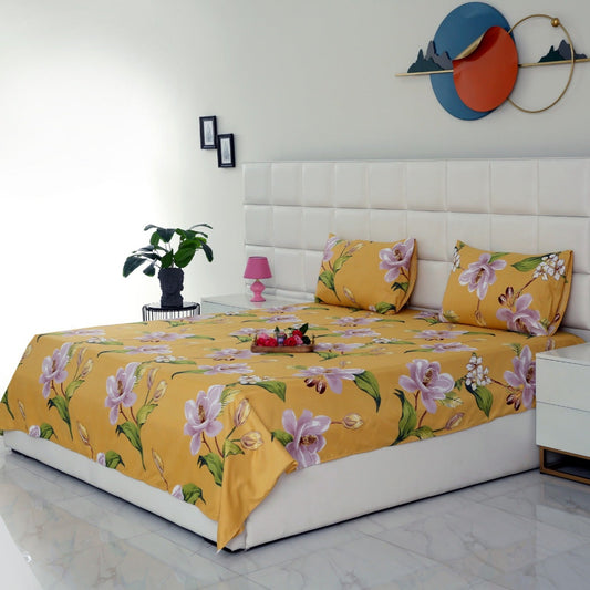 3 PCs Double Bed Sheet -15322 Hibiscus Bed Sheets Apricot