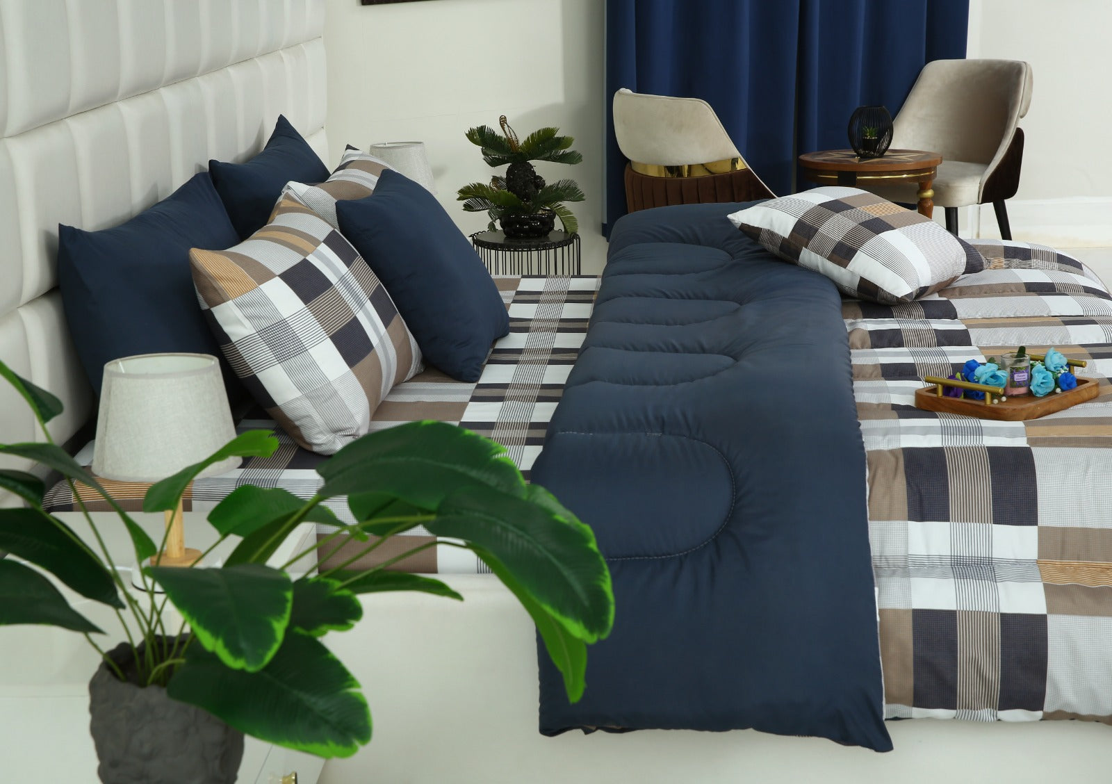 5 PCs Single Comforter Set-Brown Check(With Blue Reverse) Comforters Apricot