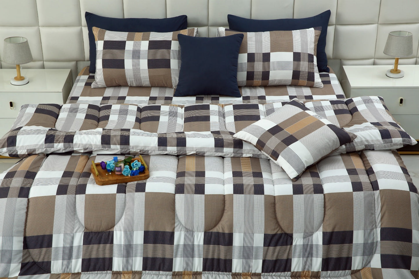 8 PCs Winter Comforter Set-Brown Check Comforters Apricot