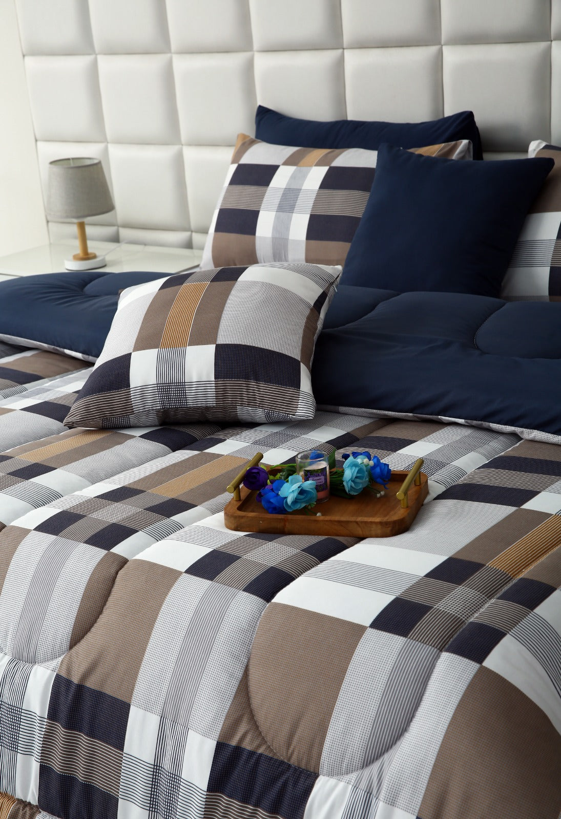 5 PCs Single Comforter Set-Brown Check(With Blue Reverse) Comforters Apricot