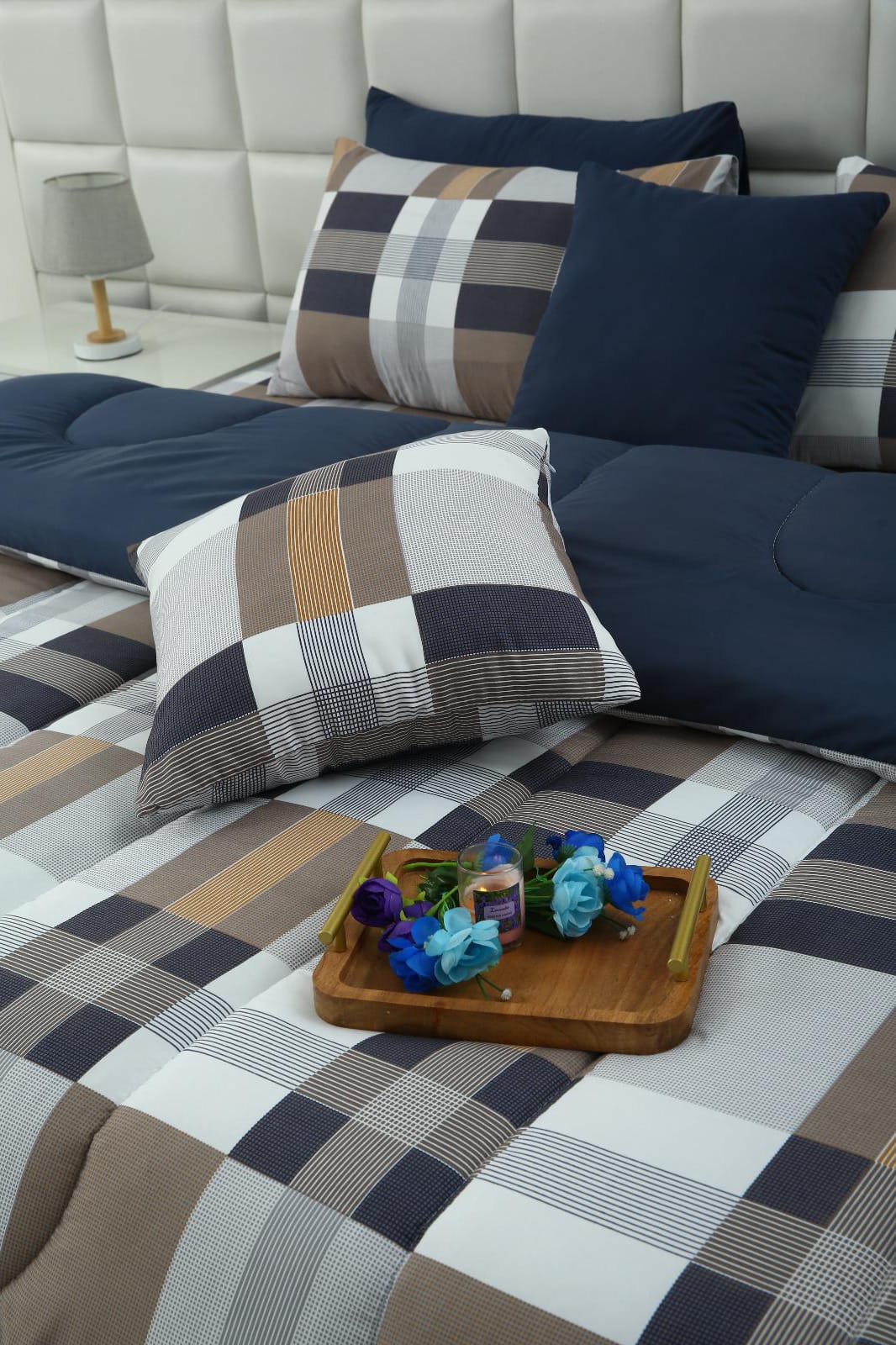 5 PCs Single Comforter Set-Brown Check(With Blue Reverse) Comforters Apricot